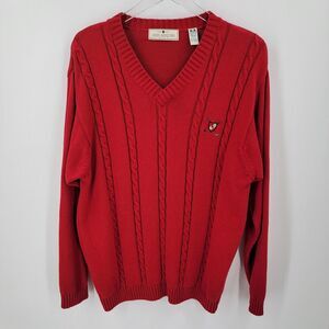 John Ashford Golf Sweater Mens Large Red V Neck Cable Knit Preppy Vintage